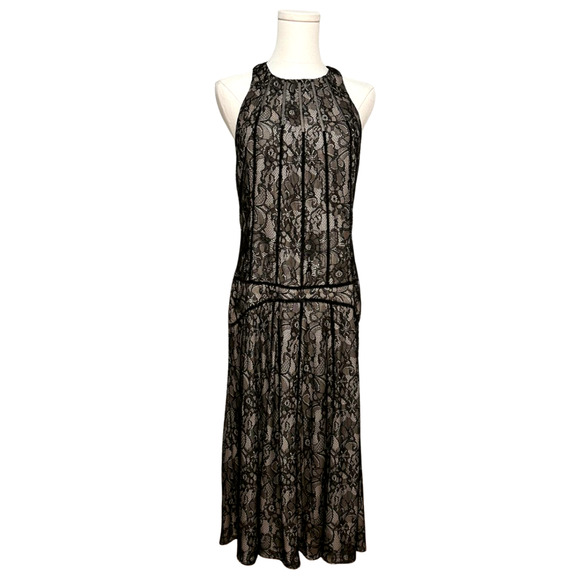 Haute Hippie Black Lace Overlay Sleeveless Drop Waist Midi Dress Medium Boho - Picture 1 of 10